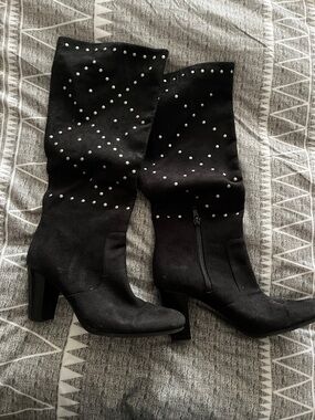 Black Mid-Calf Heeled Boots with Silver Stud Detailing